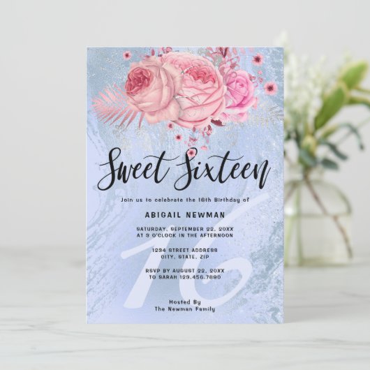 Elegant bloemblauw glitter marmer zoete zestien kaart (Staand voorkant)