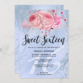 Elegant bloemblauw glitter marmer zoete zestien kaart (Voorkant / Achterkant)