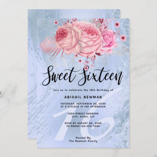 Elegant bloemblauw glitter marmer zoete zestien kaart (Voorkant / Achterkant)