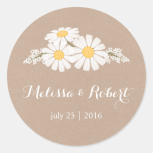 Elegant bloemboeket met margrieten beige bruiloft ronde sticker
