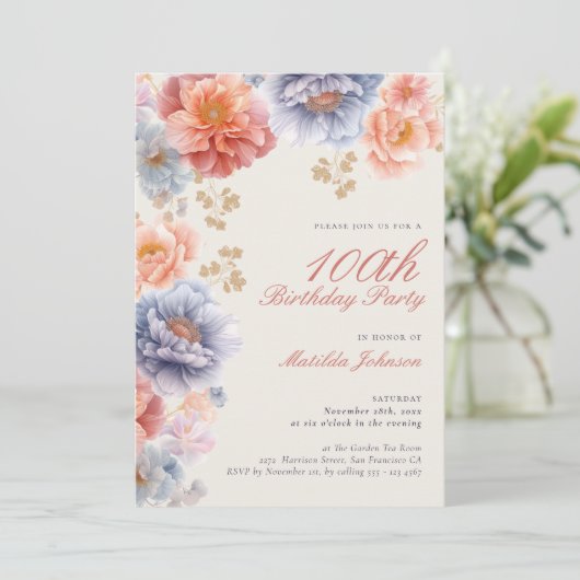 Elegant Bloemen 100e Verjaardagsfeest Kaart (Staand voorkant)