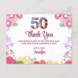 Elegant Bloemen 50ste Verjaardagsfeest / 50 Dank u Briefkaart