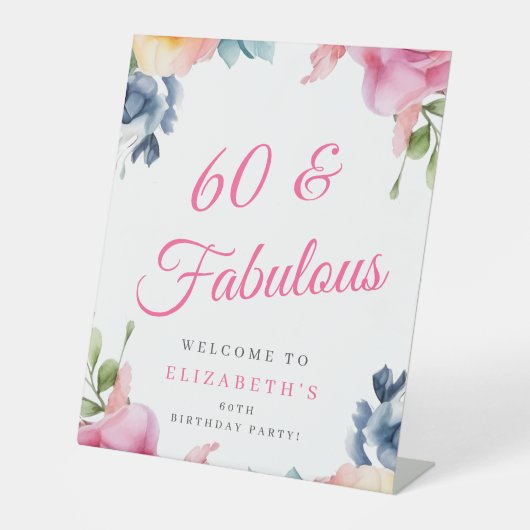 Elegant Bloemen 60ste Verjaardagsfeestje Welkom Reclamebord Met Voetstuk (Voorkant)