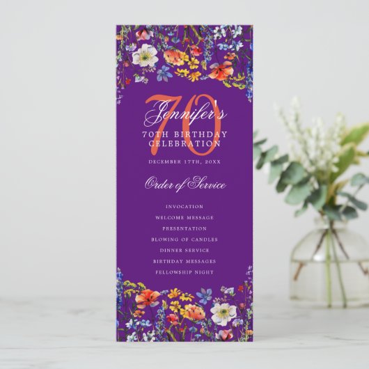 Elegant Bloemen 70ste Verjaardag Programma Paarse (Staand voorkant)