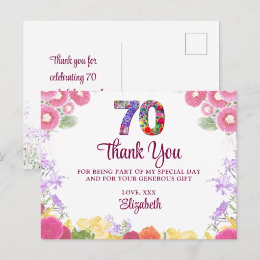 Elegant Bloemen 70ste Verjaardagsfeest / 70 Dank u Briefkaart (Voorkant / Achterkant)