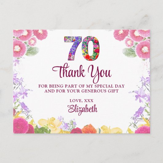 Elegant Bloemen 70ste Verjaardagsfeest / 70 Dank u Briefkaart (Voorkant)