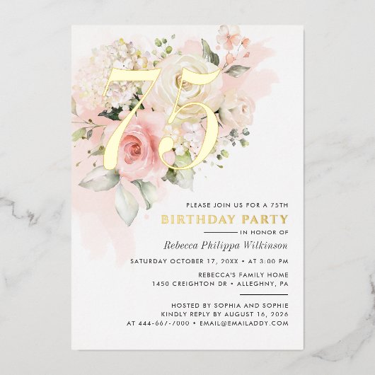 Elegant Bloemen 75e Waterverf Verjaardagsfeestje G Folie Uitnodiging (Voorkant)