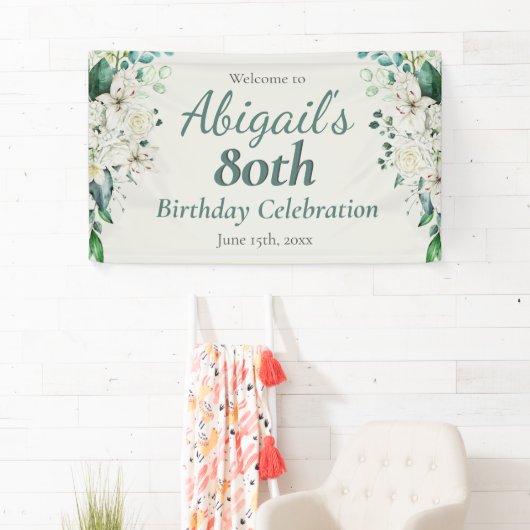 Elegant Bloemen 80e Verjaardagsfeest Elke leeftijd Spandoek (Insitu)