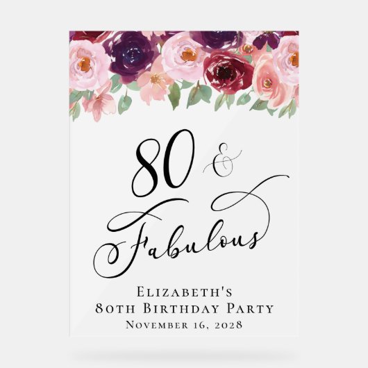 Elegant Bloemen 80ste Verjaardagsfeestje Welkom Fr Acryl Bord (Voorkant)