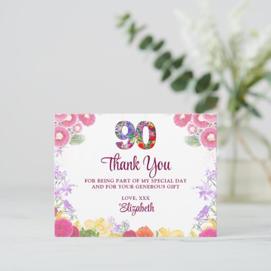 Elegant Bloemen 90ste Verjaardagsfeest / 90 Dank u Briefkaart (Staand voorkant)