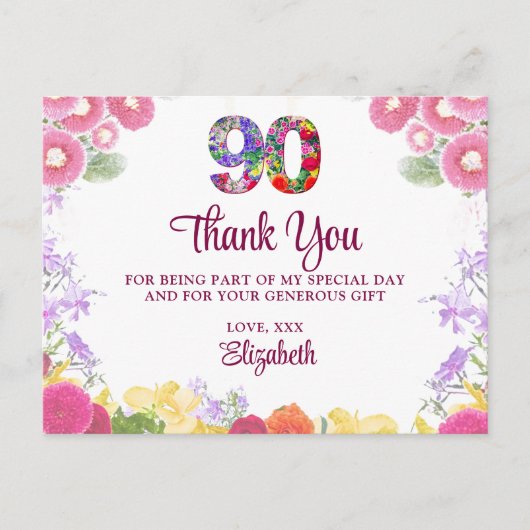 Elegant Bloemen 90ste Verjaardagsfeest / 90 Dank u Briefkaart (Voorkant)