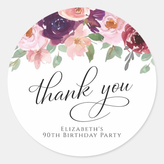 Elegant Bloemen 90ste Verjaardagsfeestje Dank u Ronde Sticker (Voorkant)