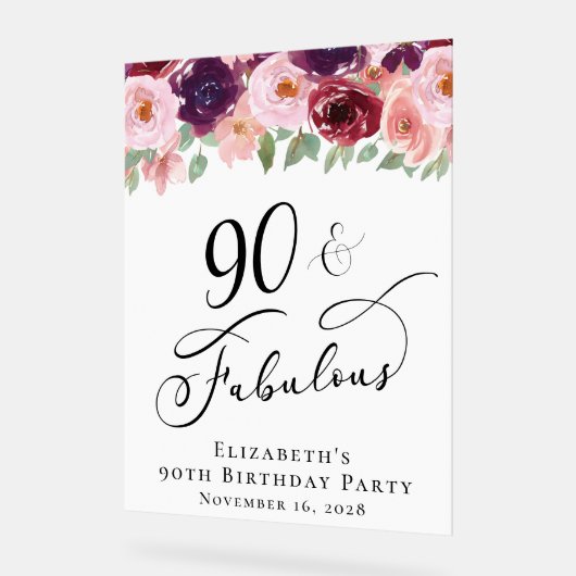 Elegant Bloemen 90ste Verjaardagsfeestje Welkom Acryl Bord (Hoek)