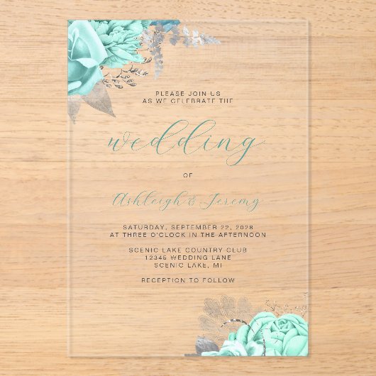 Elegant Bloemen Aqua Zilver Script Bruiloft Acryl Uitnodigingen (Voorkant)