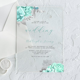 Elegant Bloemen Aqua Zilver Script Bruiloft Acryl Uitnodigingen