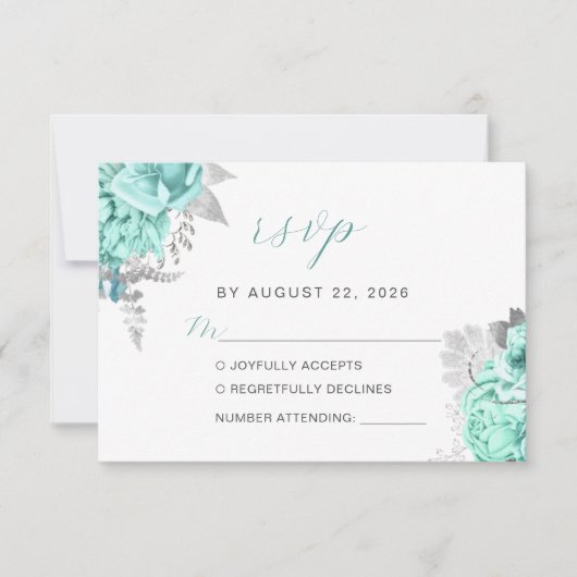 Elegant Bloemen Aqua Zilver Script Bruiloft RSVP Kaartje (Voorkant)