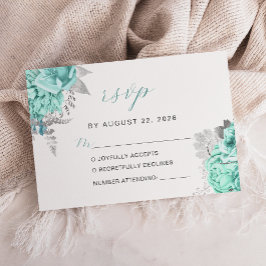 Elegant Bloemen Aqua Zilver Script Bruiloft RSVP Kaartje