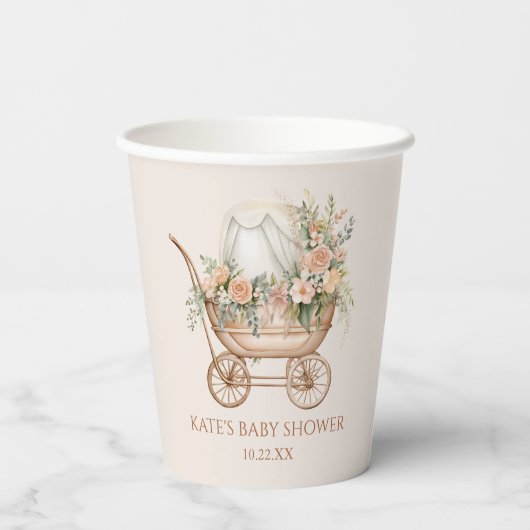 Elegant Bloemen  Baby Carriage Baby shower Papieren Bekers (Achterkant)