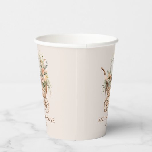 Elegant Bloemen  Baby Carriage Baby shower Papieren Bekers (Rechts)