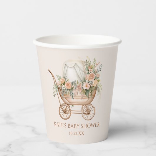 Elegant Bloemen  Baby Carriage Baby shower Papieren Bekers (Voorkant)