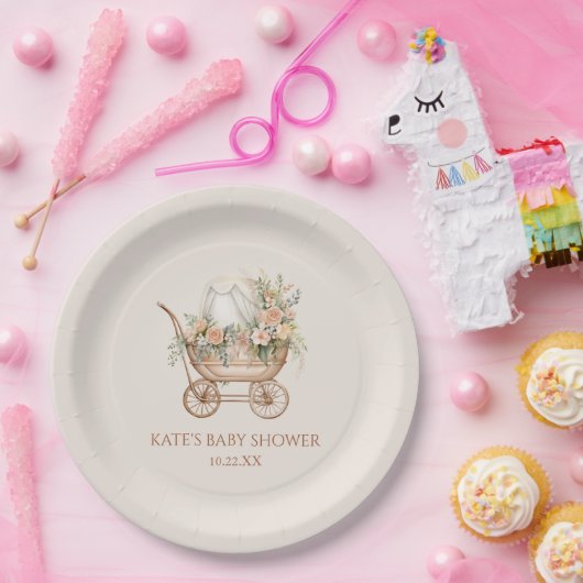 Elegant Bloemen  Baby Carriage Baby shower Papieren Bordje (Feest)
