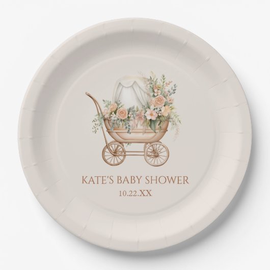 Elegant Bloemen  Baby Carriage Baby shower Papieren Bordje (Voorkant)