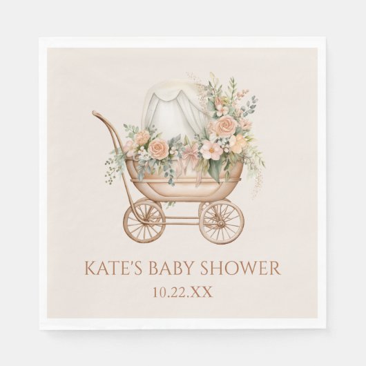 Elegant Bloemen  Baby Carriage Baby shower Servet (Voorkant)