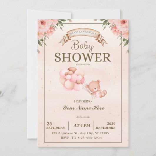 Elegant Bloemen Baby shower Meisje Uitnodiging (Voorkant)