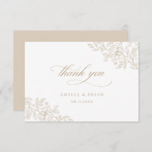Elegant Bloemen Beige Goud Script Bruiloft Bedankkaart