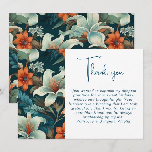 Elegant Bloemen Blad Patroon Verjaardag Bedankkaart (Voorkant / Achterkant)