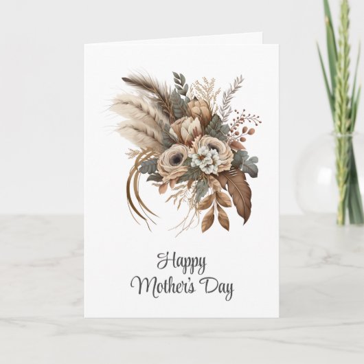 Elegant Bloemen Bladgroen en Veren Moederdag Kaart (Voorkant)