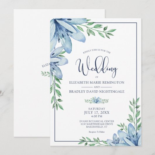 Elegant Bloemen Blauw Bloemen Groen Bruiloft Kaart (Voorkant / Achterkant)