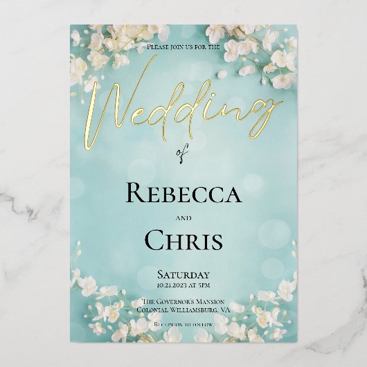 Elegant Bloemen Blauw Bokeh Bruiloft Goud Folie Uitnodiging (Voorkant)