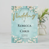 Elegant Bloemen Blauw Bokeh Bruiloft Goud Folie Uitnodiging (Staand Voorkant)