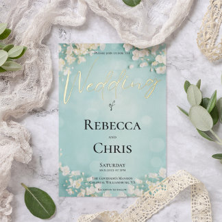 Elegant Bloemen Blauw Bokeh Bruiloft Goud Folie Uitnodiging