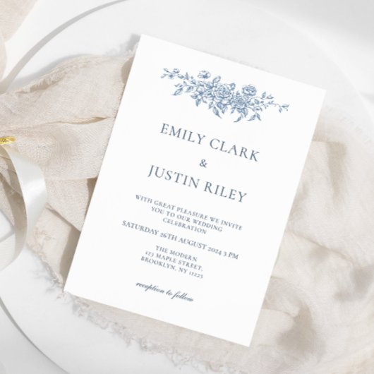 Elegant  Bloemen Blauw Bruiloft Kaart