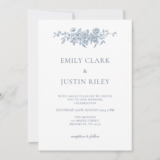 Elegant  Bloemen Blauw Bruiloft Kaart (Voorkant)