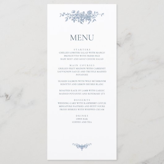 Elegant  Bloemen Blauw Bruiloft Menu (Voorkant)