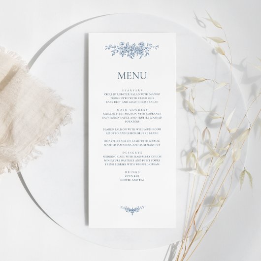 Elegant  Bloemen Blauw Bruiloft Menu
