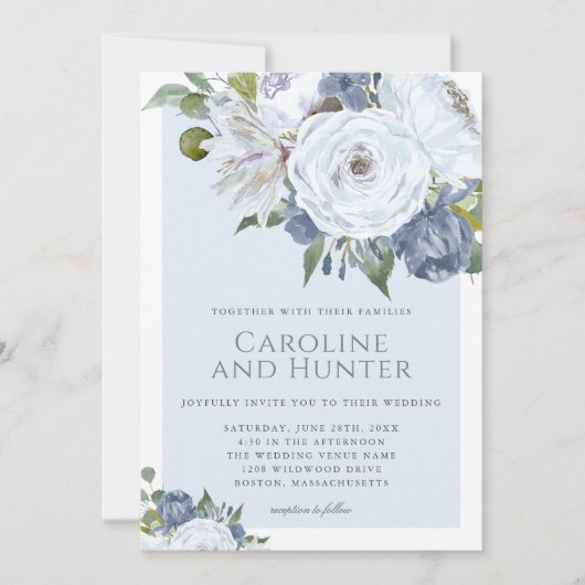 Elegant Bloemen Blauw en Wit Waterverf Bruiloft Kaart (Voorkant)