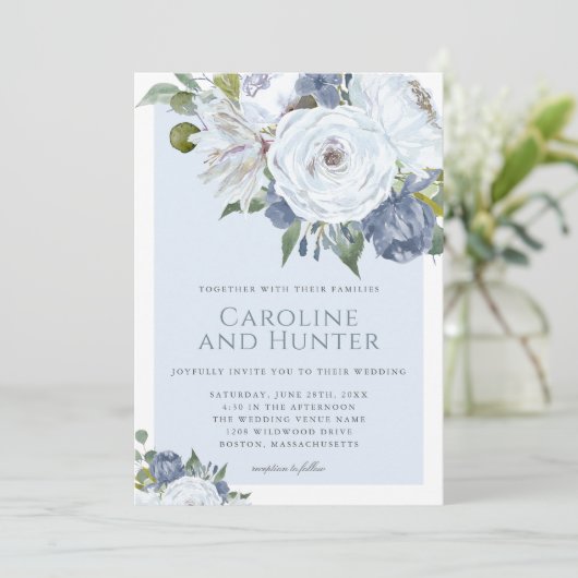 Elegant Bloemen Blauw en Wit Waterverf Bruiloft Kaart (Staand voorkant)