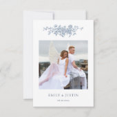 Elegant  Bloemen Blauw Foto Bruiloft Bedankkaart (Voorkant)