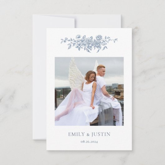 Elegant  Bloemen Blauw Foto Bruiloft Bedankkaart (Voorkant)