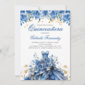 Elegant Bloemen Blauw Goud Jurk Quinceanera Kaart (Voorkant)