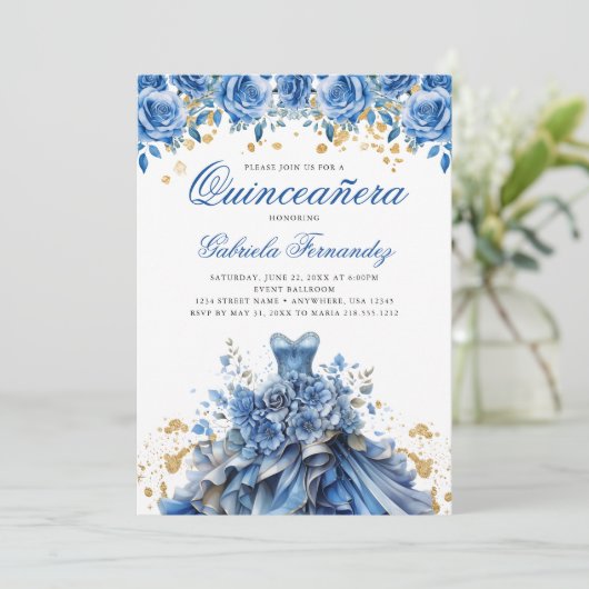 Elegant Bloemen Blauw Goud Jurk Quinceanera Kaart (Staand voorkant)