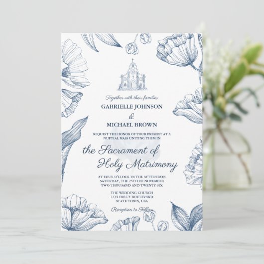 Elegant Bloemen Blauw Kerk Nuptial Mass Bruiloft Kaart (Staand voorkant)