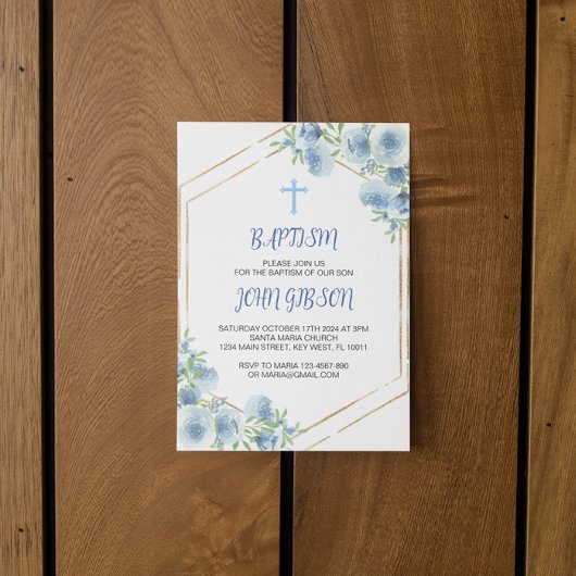 Elegant Bloemen Blauw Kruis Doop Jongen Uitnodigin Kaart