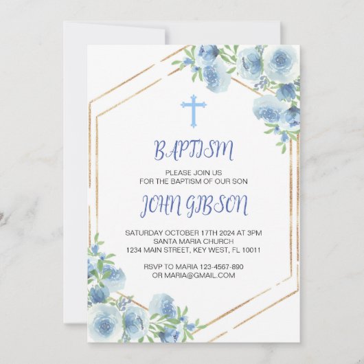 Elegant Bloemen Blauw Kruis Doop Jongen Uitnodigin Kaart (Voorkant)