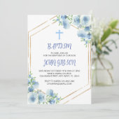 Elegant Bloemen Blauw Kruis Doop Jongen Uitnodigin Kaart (Staand voorkant)