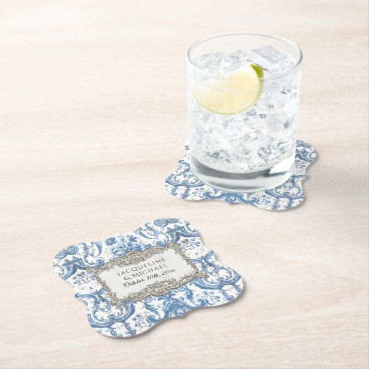 Elegant  Bloemen Blauw N Wit Zilveren Bruid Kartonnen Onderzetters (Insitu)